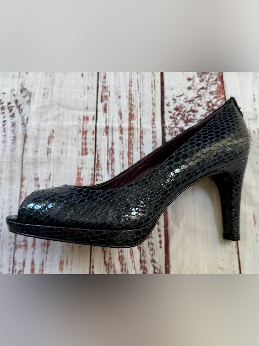 Stuart Weitzman navy blue snakeskin patent leather peep toe high heel pumps; 7 - Picture 5 of 10
